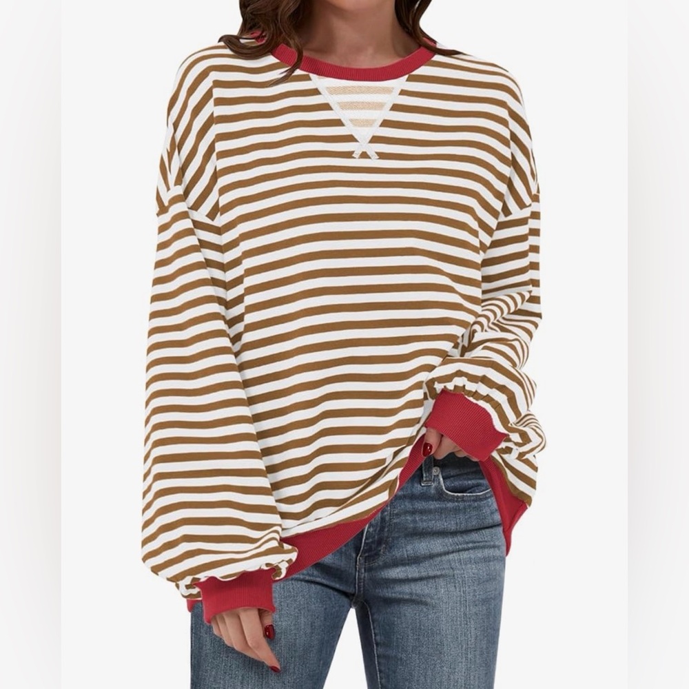 Striped Brown and White Sweatshirt with Red Accents